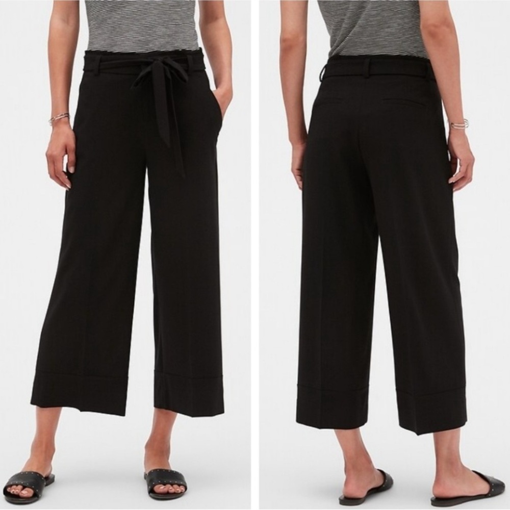 NEW Banana Republic Blake Crop Pants Wide Leg Tie waist Pockets Stretch Black 12
